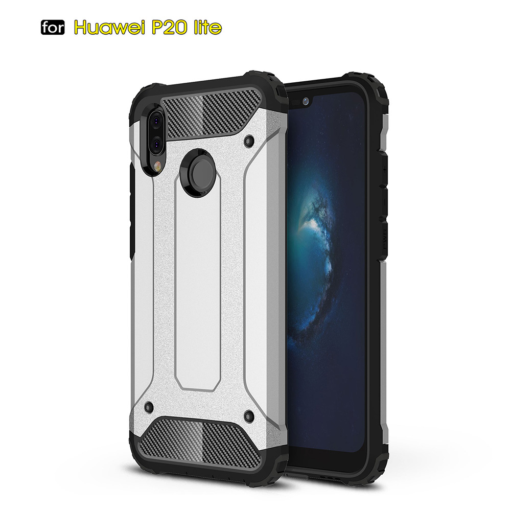 Cool Rugged Hybrid Armor Case TPU+PC 2in1 Dual Layer Shockproof Back Cover for Huawei P22 Lite - Silver