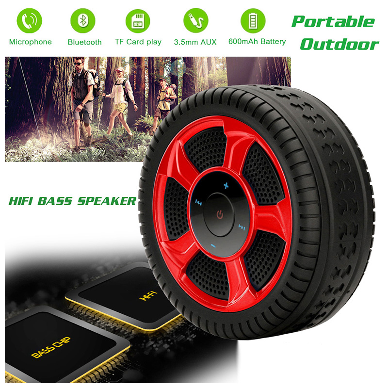 Wheel Tire Wireless Bluetooth Speaker Stereo Bass Portable Music Player with Mic - Red