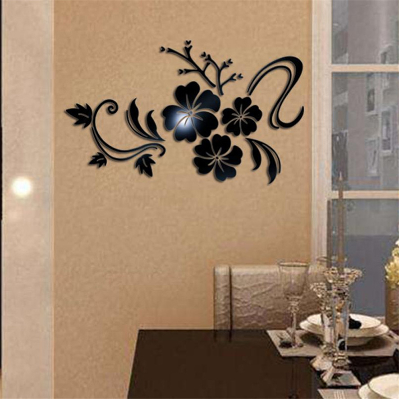 3D Mirror Flower Removable Wall Sticker Art Acrylic Mural Decal Home Decor - Black Flower
