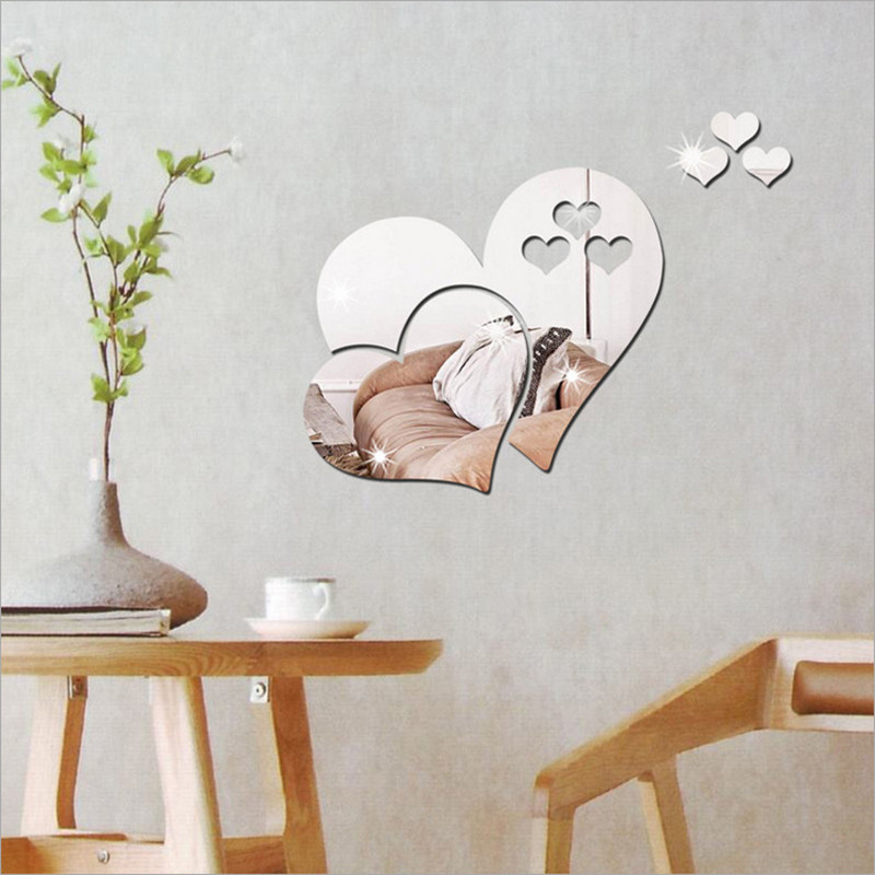 3D Mirror Hearts Removable Wall Sticker Art Acrylic Mural Decal Home Decor - Silver Hearts