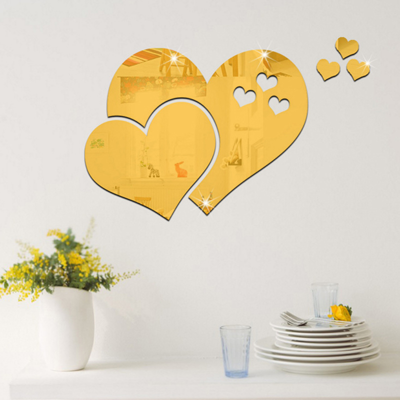 3D Mirror Hearts Removable Wall Sticker Art Acrylic Mural Decal Home Decor - Golden Hearts