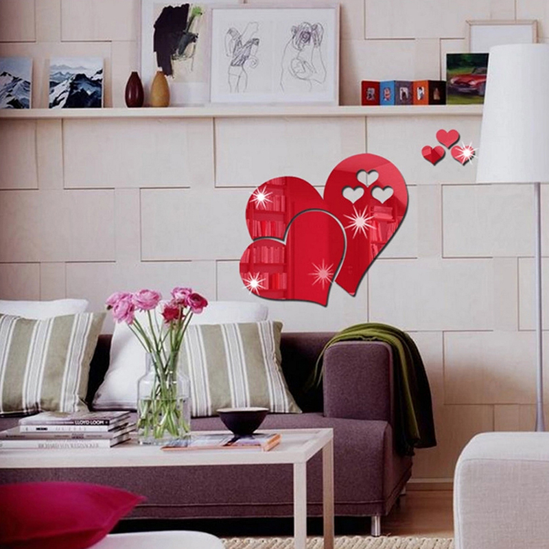 3D Mirror Hearts Removable Wall Sticker Art Acrylic Mural Decal Home Decor - Red Hearts