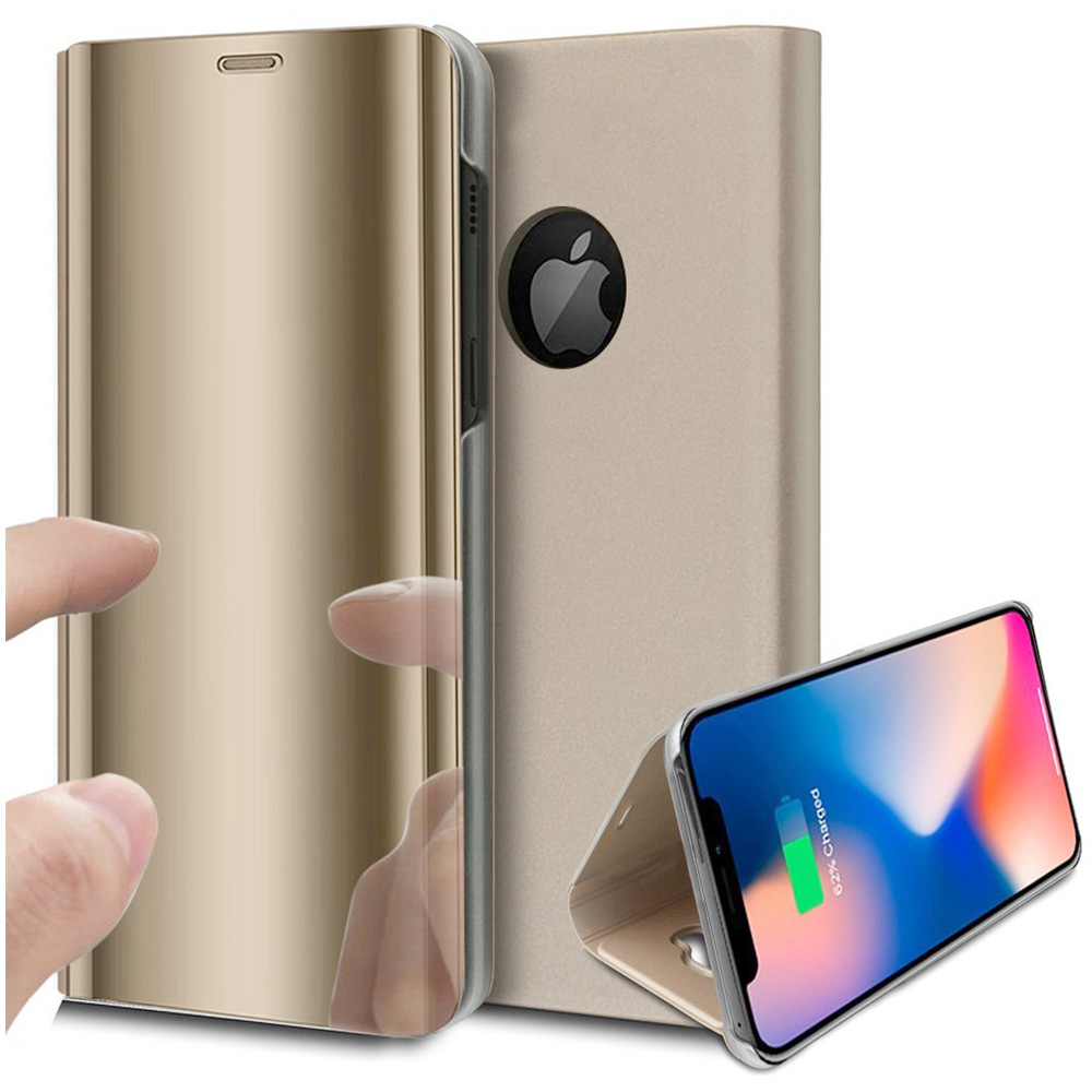 iPhone X/XS Ultra Thin Slim Mirror Plating Plastic Flip Stand Case Cover - Golden