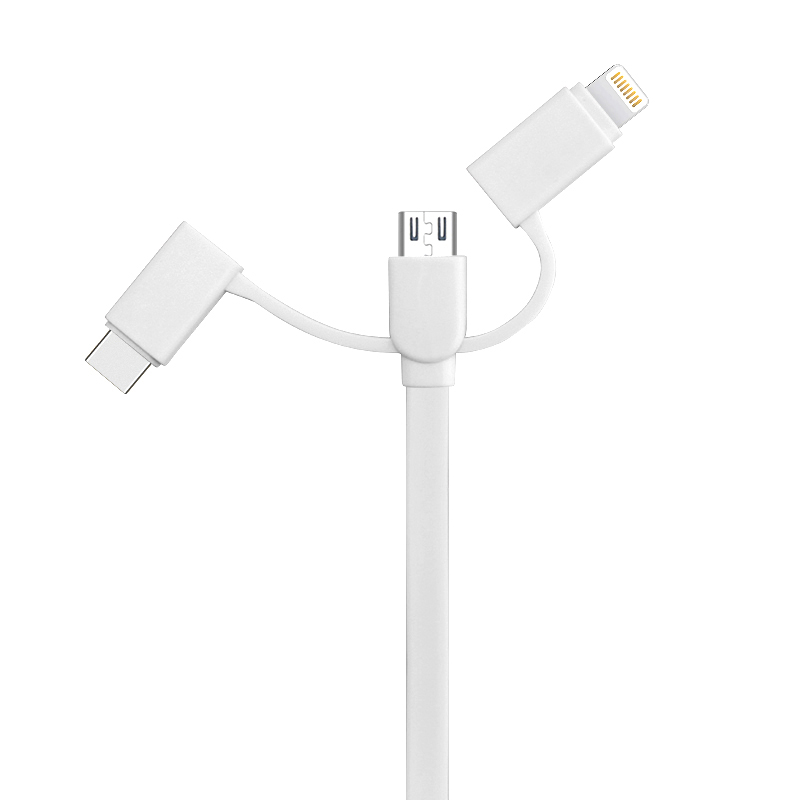 1M 3in1 Multi-function Charge Cable 8 pin Type-c Micro USB Charging Data Line - White
