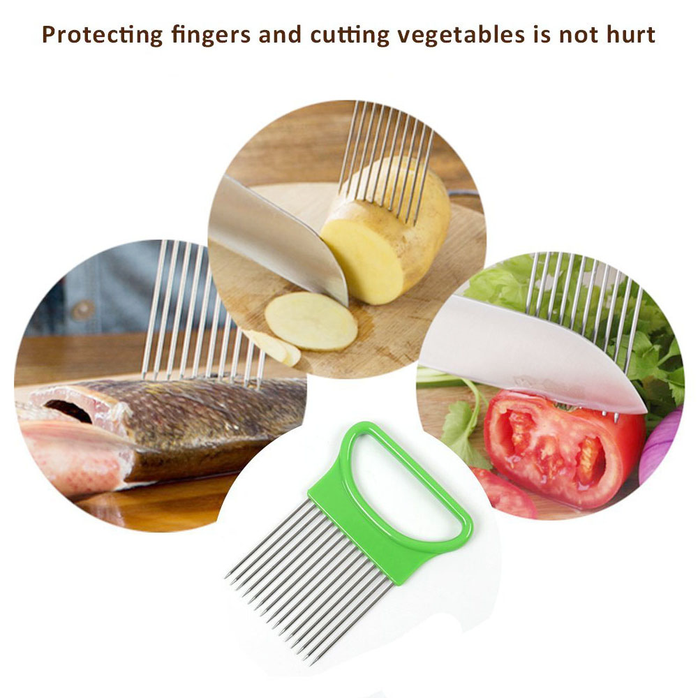 All-In-One Stainless Steel Onion Potato Cutter Holder Slicer Kitchen Tool - Green