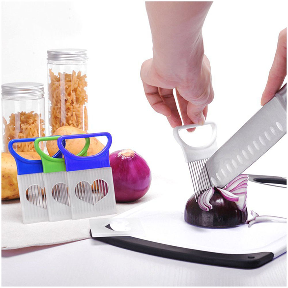 All-In-One Stainless Steel Onion Potato Cutter Holder Slicer Kitchen Tool - Blue