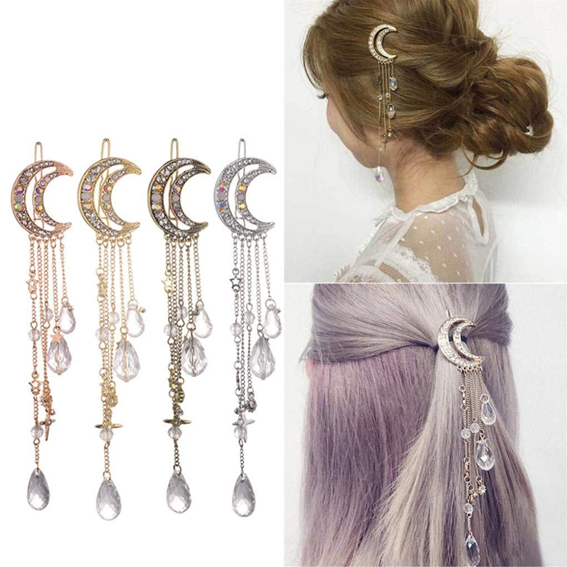 Women's Moon Crystal Rhinestone Beads Dangle Hairpin Hair Clip
