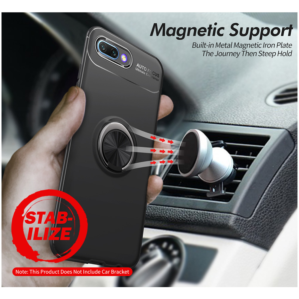 Metal Magnetic Ring Rotation Stand Soft TPU Shockproof Case Back Cover for Huawei Honor 10 - Black