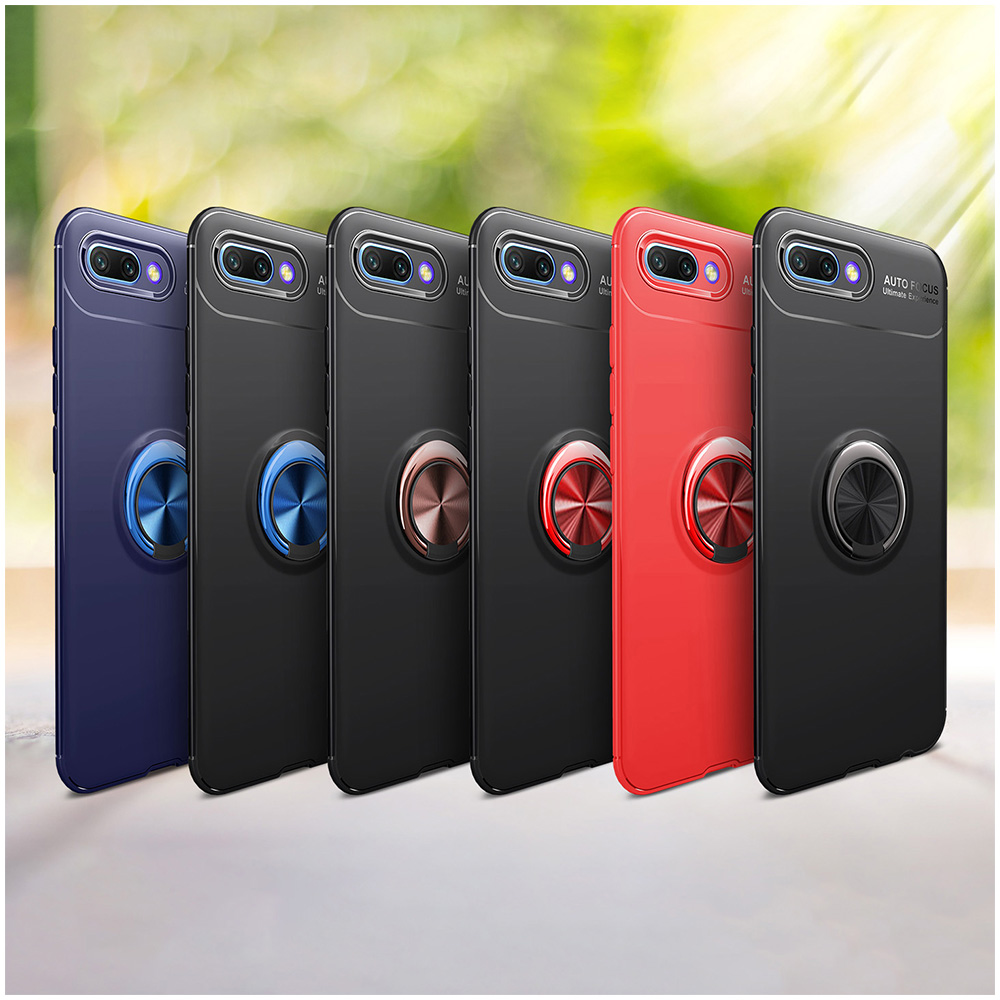 Metal Magnetic Ring Rotation Stand Soft TPU Shockproof Case Back Cover for Huawei Honor 10 - Black+Red