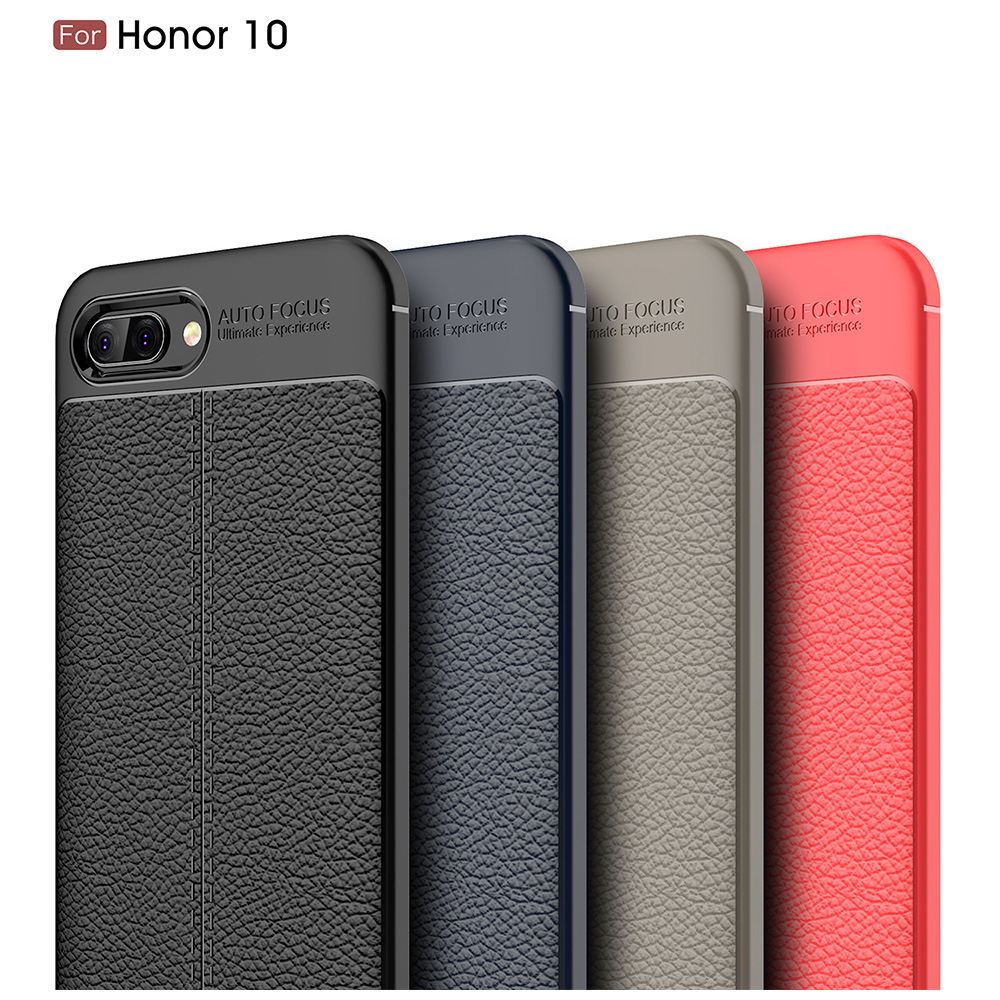 Anti-slip Litchi Grain Texture Soft TPU Rubber Shockproof Case Back Cover for Huawei Honor 10 - Black