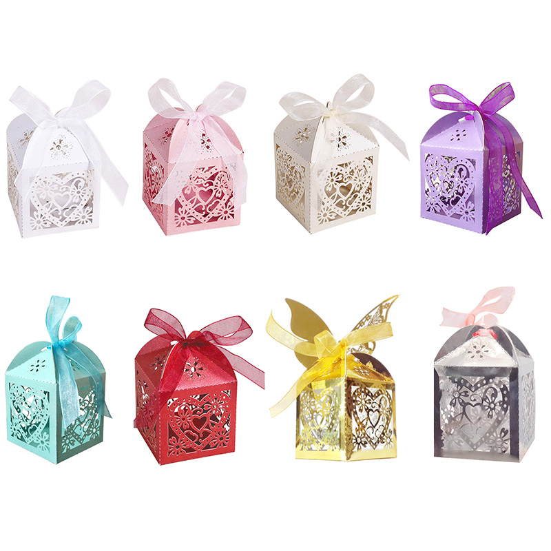 Love Heart Laser Cut Candy Gift Boxes with Free Organza Ribbon for Wedding Party - White