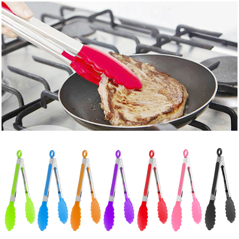 8 Inch Stainless Steel Silicone Salad Serving BBQ Clip Kitchen Cooking Tongs - Red
