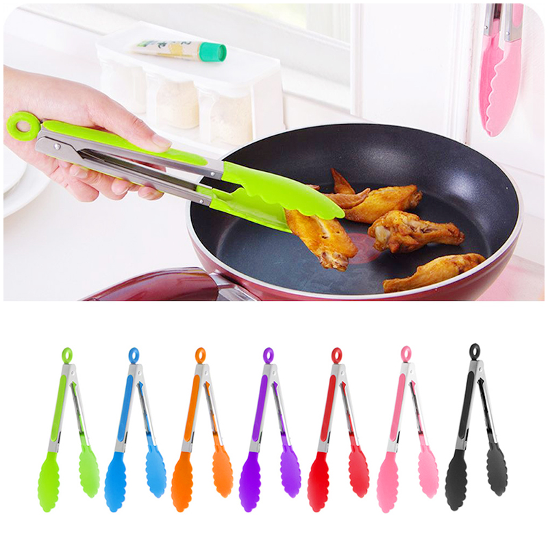 8 Inch Stainless Steel Silicone Salad Serving BBQ Clip Kitchen Cooking Tongs - Green