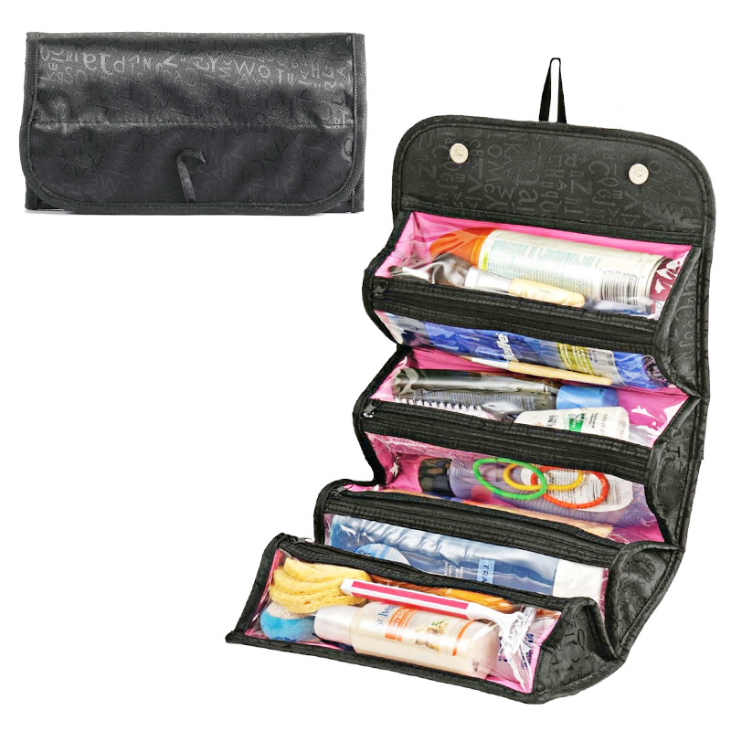 Large Capacity Rolls Up Toiletry Jewelry Bag Multifunctional Travel Storage Bag Makeup Organizer - Black