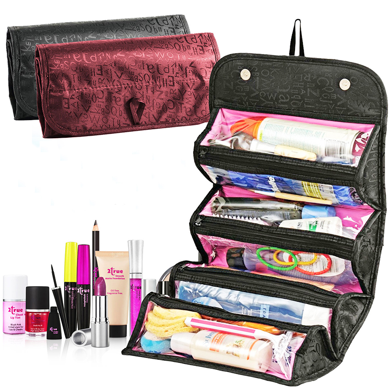 Large Capacity Rolls Up Toiletry Jewelry Bag Multifunctional Travel Storage Bag Makeup Organizer - Red