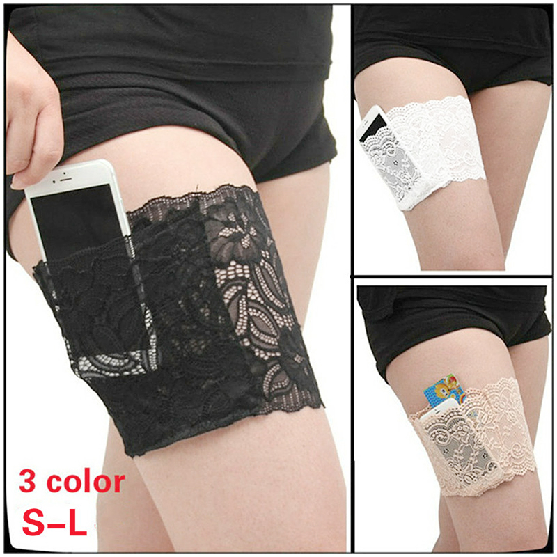 Lace Non-slip Sock Thin Slimming Thigh Leg Sleeve Cell Phone Support Pocket Size S - Black