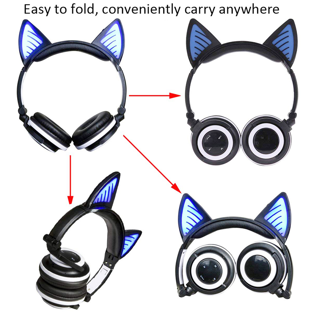 Cat Ear Foldable Wireless Bluetooth Headphone Earphone Headset with LED Flashing Lights - Black