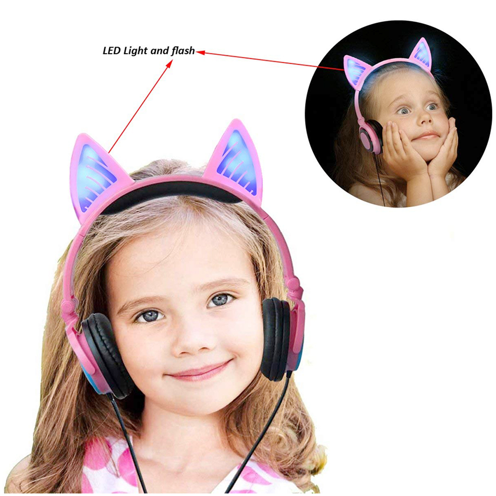 Cat Ear Foldable Wireless Bluetooth Headphone Earphone Headset with LED Flashing Lights - Pink