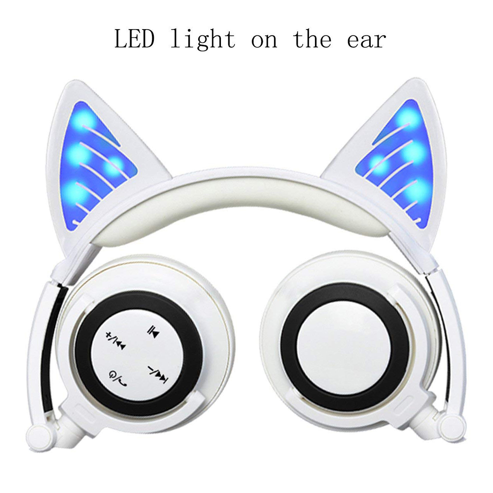 Cat Ear Foldable Wireless Bluetooth Headphone Earphone Headset with LED Flashing Lights - White