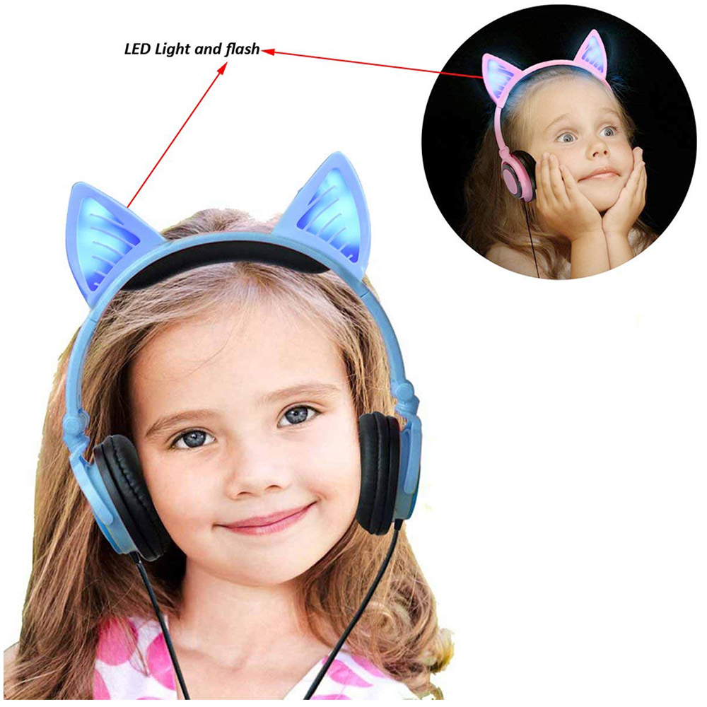 Cat Ear Foldable Wireless Bluetooth Headphone Earphone Headset with LED Flashing Lights - Blue