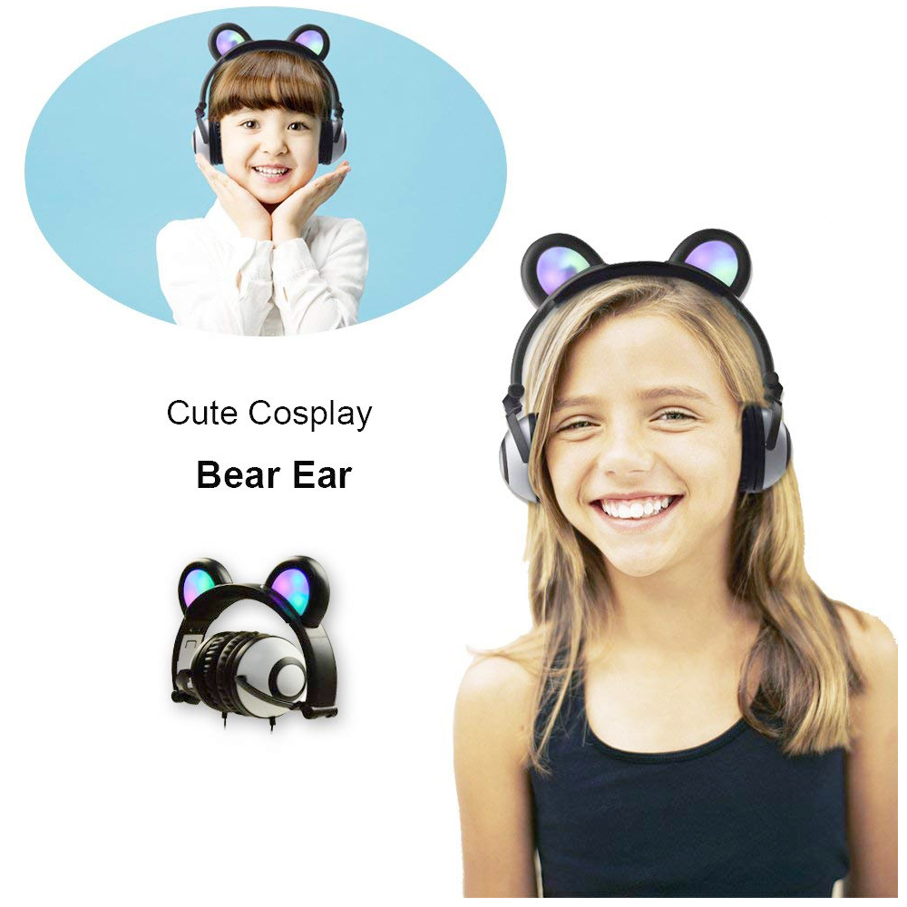 Cute Bear Ear Wired Headphone LED Glowing Light Foldable Headset Earphone - Black