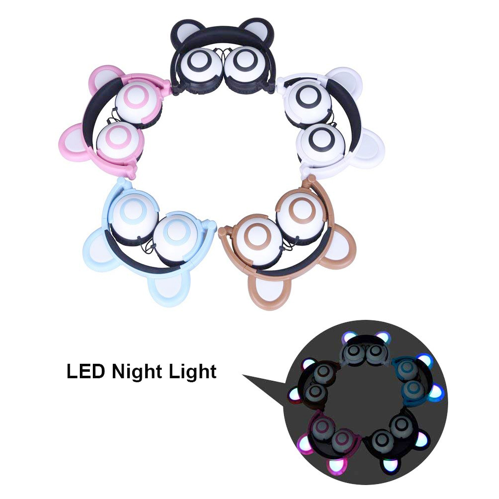 Cute Bear Ear Wired Headphone LED Glowing Light Foldable Headset Earphone - Blue