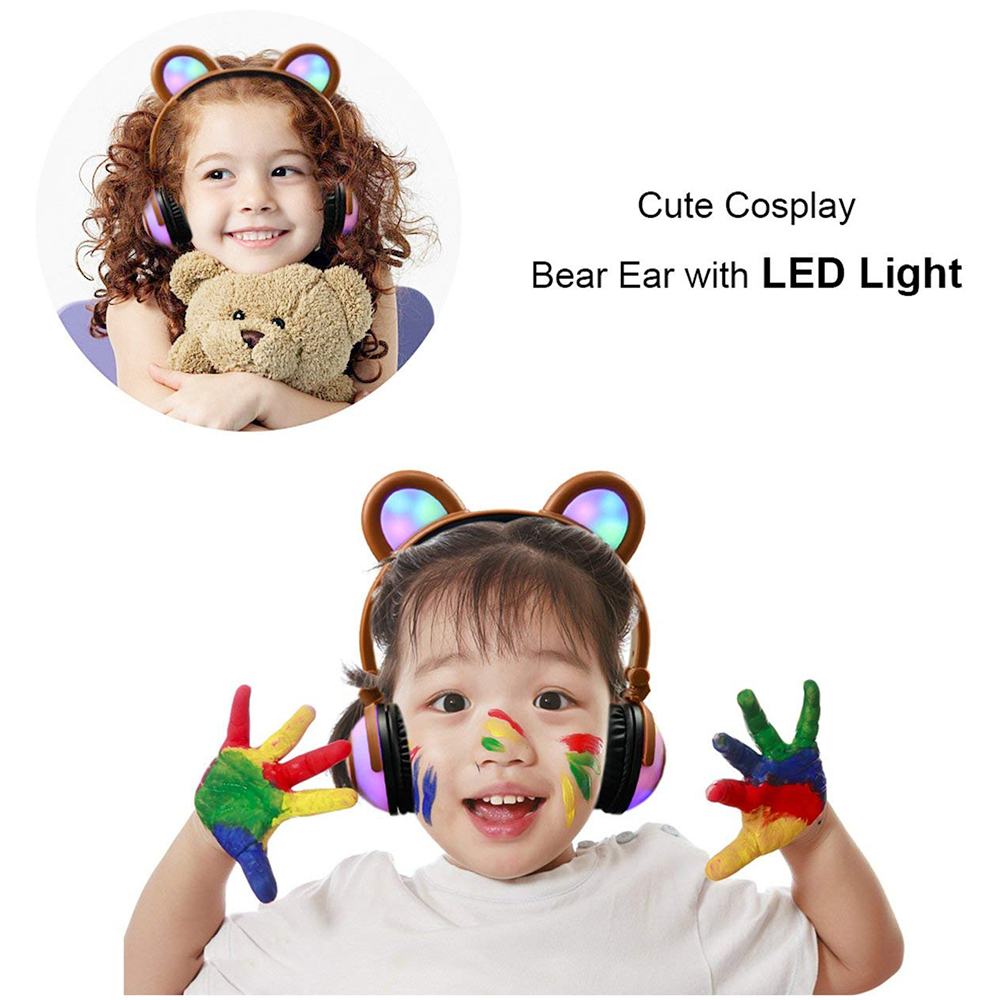 Cute Bear Ear Wired Headphone LED Glowing Light Foldable Headset Earphone - Brown