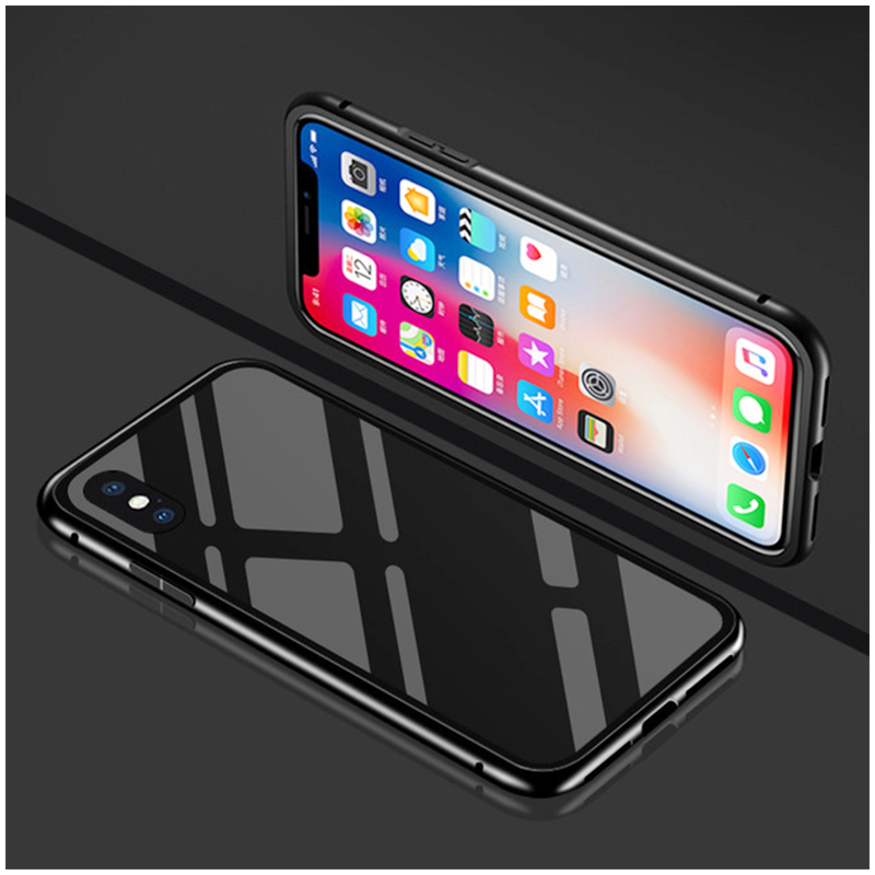 Magnetic Adsorption Metal Case Anti-Shock Tempered Glass Bumper Back Cover for iPhone X - Whole Black