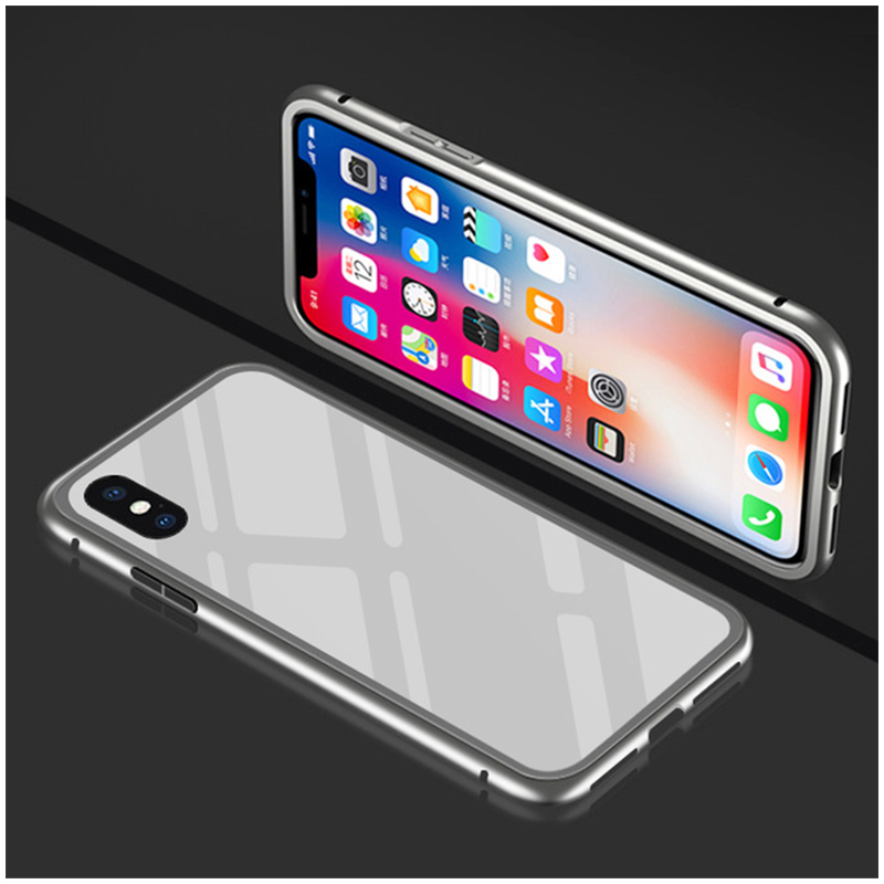 Magnetic Adsorption Metal Case Anti-Shock Tempered Glass Bumper Back Cover for iPhone X - Whole White