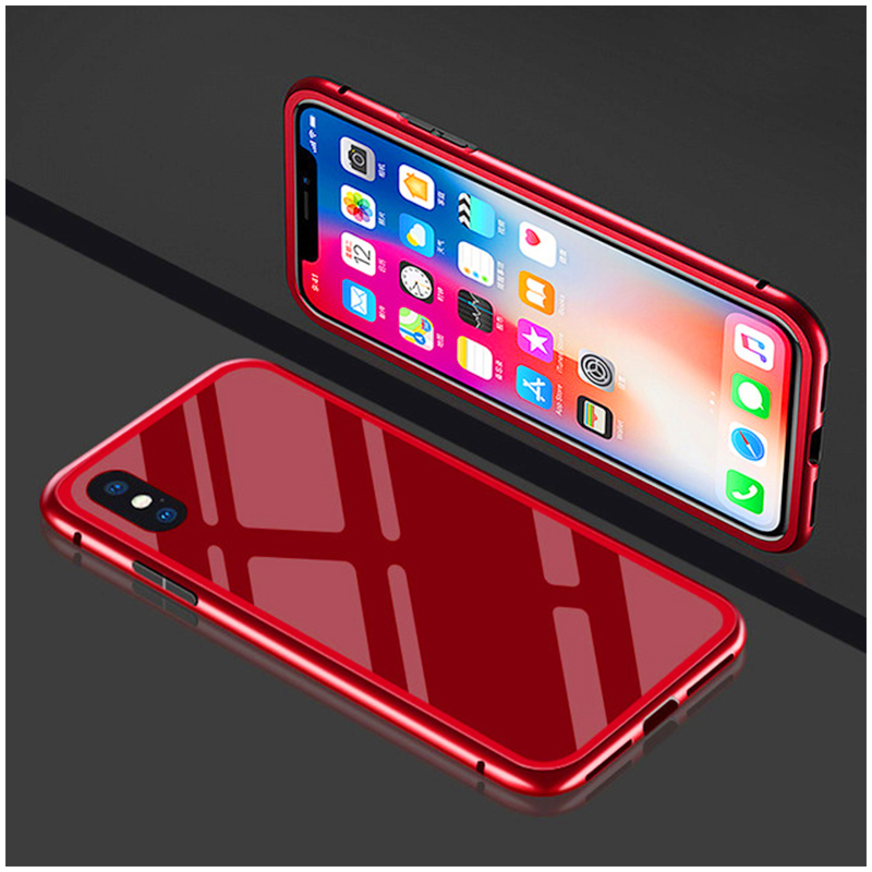 Magnetic Adsorption Metal Case Anti-Shock Tempered Glass Bumper Back Cover for iPhone X - Whole Red