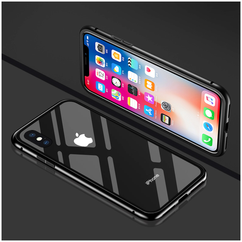 Magnetic Adsorption Metal Case Anti-Shock Tempered Glass Bumper Back Cover for iPhone X - Transparent Black