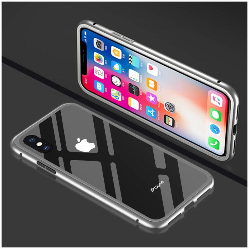 Magnetic Adsorption Metal Case Anti-Shock Tempered Glass Bumper Back Cover for iPhone X - Transparent White