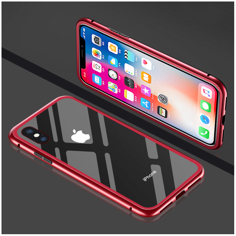 Magnetic Adsorption Metal Case Anti-Shock Tempered Glass Bumper Back Cover for iPhone X - Transparent Red