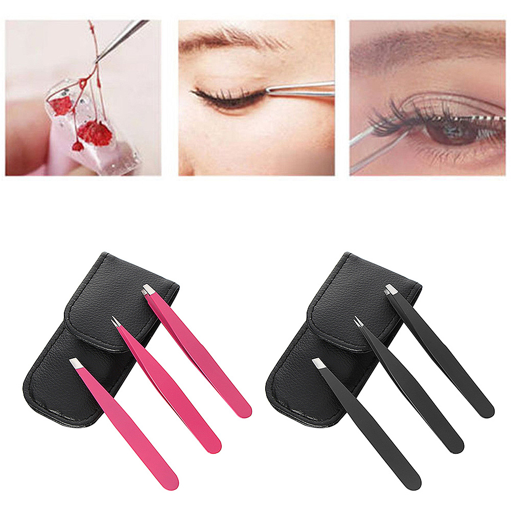 3Pcs Stainless Steel Eyebrow Tweezers Set Makeup Tool for Hair Removal Face Beauty - Black