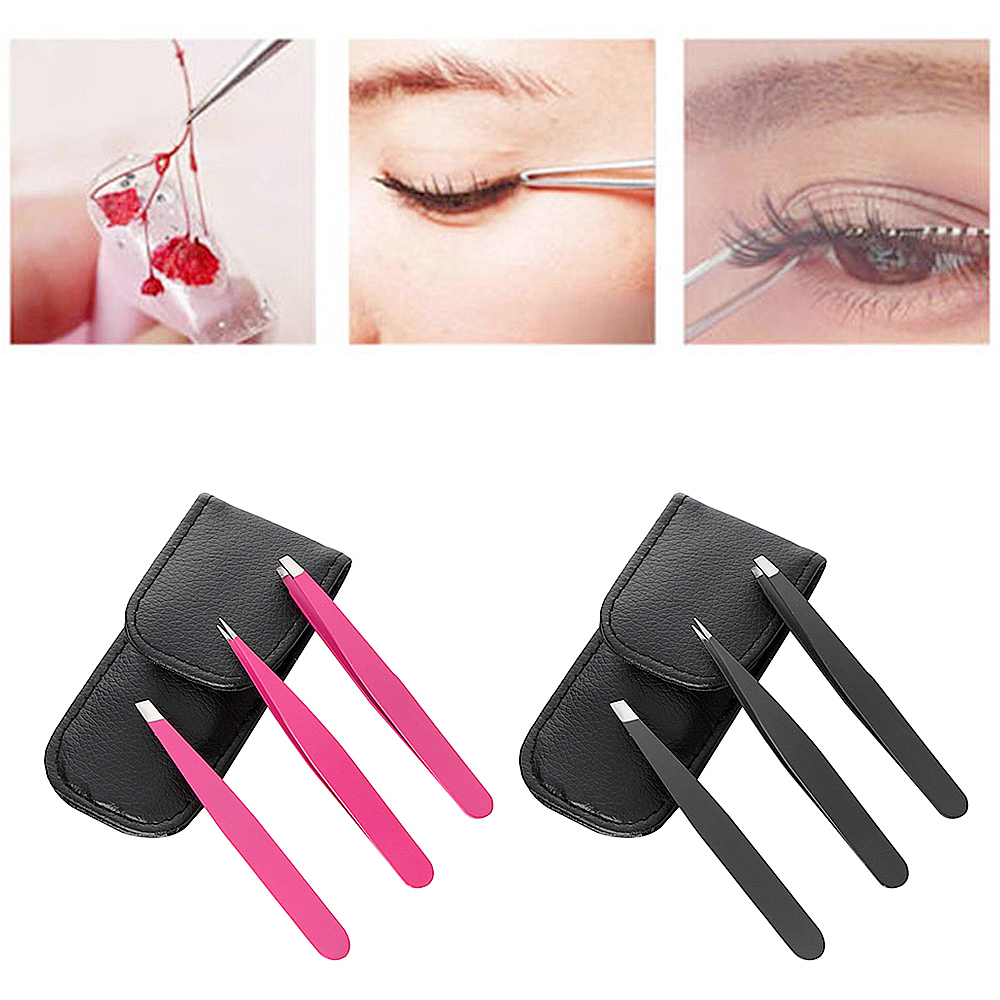 3Pcs Stainless Steel Eyebrow Tweezers Set Makeup Tool for Hair Removal Face Beauty - Rose Red