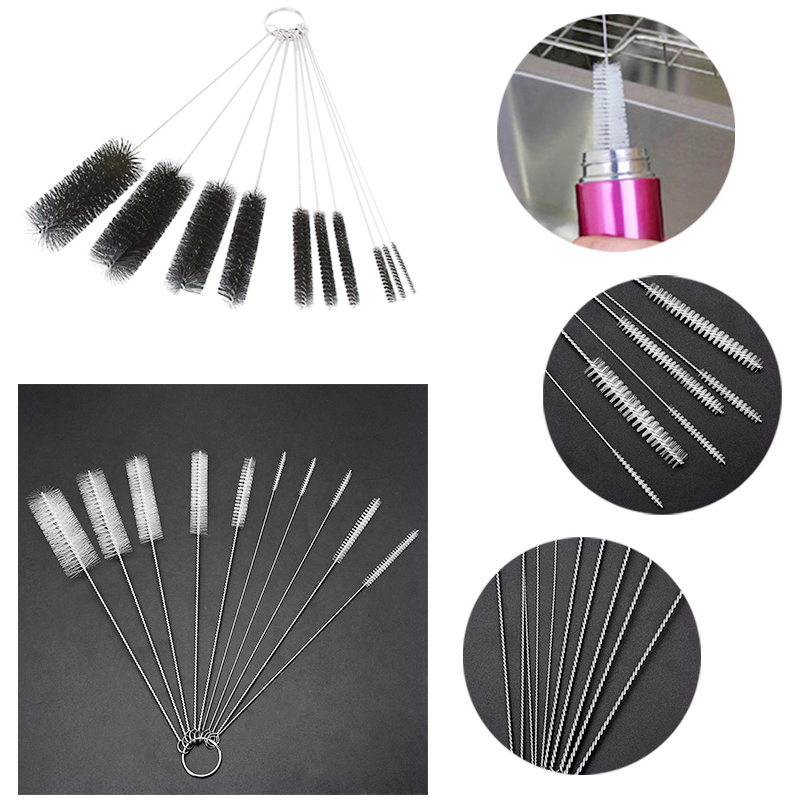 10Pcs/Set Nylon Tube Multi-function Cleaning Brushes Cleaner Tool for Teapot Nozzle Narrow Neck Bottles - Black