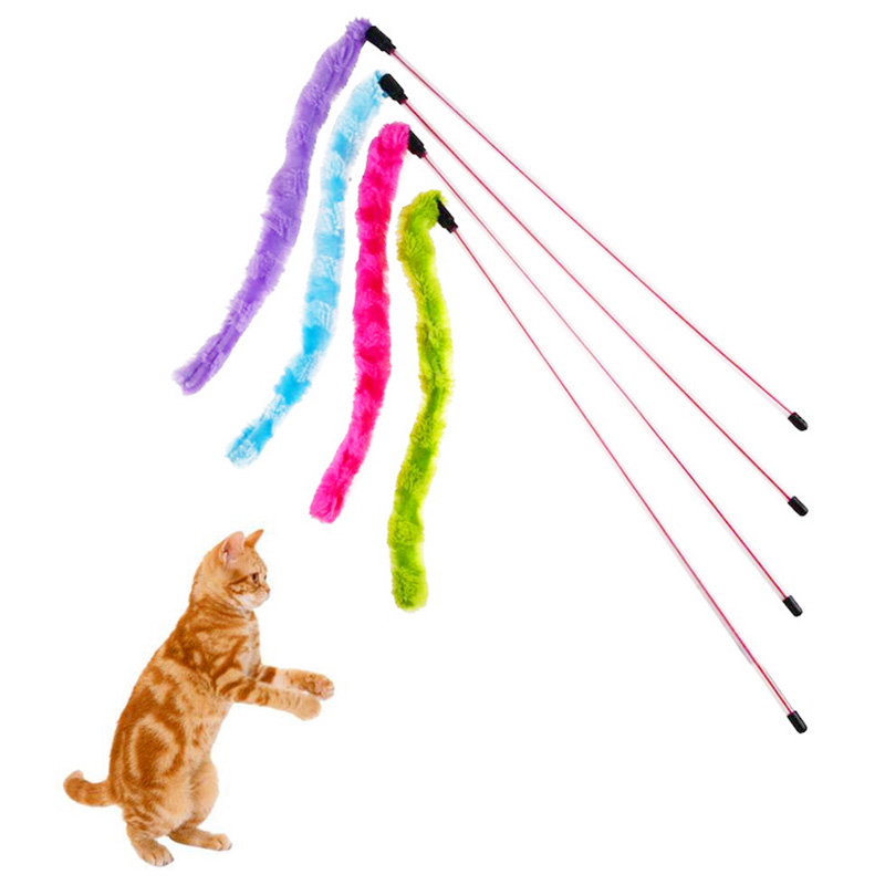Funny Pet Cat Teaser Kitten Wire Play Catcher Toy Plush Pompon Rods Rod Training Toys - Blue