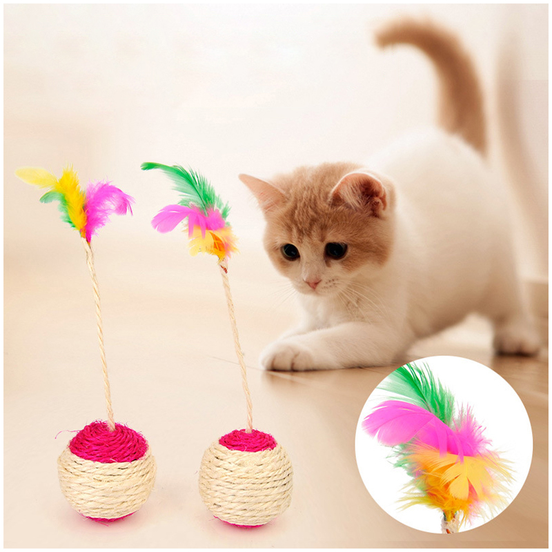 Pet Cat Kitten Toy Rolling Sisal Scratching Ball Interactive Feather Toys