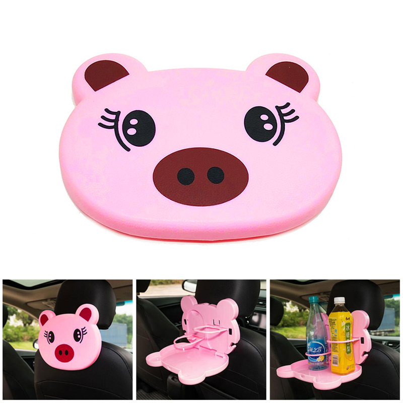 Foldable Car Back Seat Tray Drink Bottle Cup Holder Dining Table Food Organizer for Travel - Pink Pig