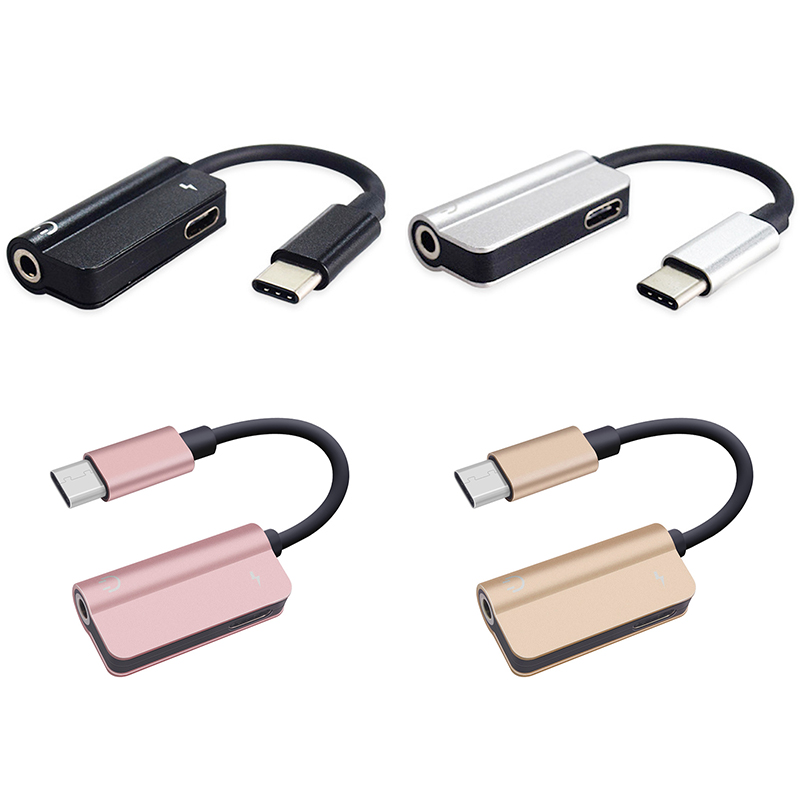 2in1 USB Type-C to 3.5mm Audio Headphone Charge Adapter Splitter - Golden