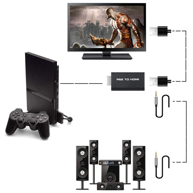 PS2 to HDMI Converter Adapter Supports All PS2 Display Modes with 3.5mm Audio Output for HDTV HDMI Monitor