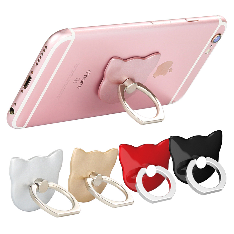 Cat Face Universal Phone Finger Ring Holder Stand with 360 Degree Kickstand - Black