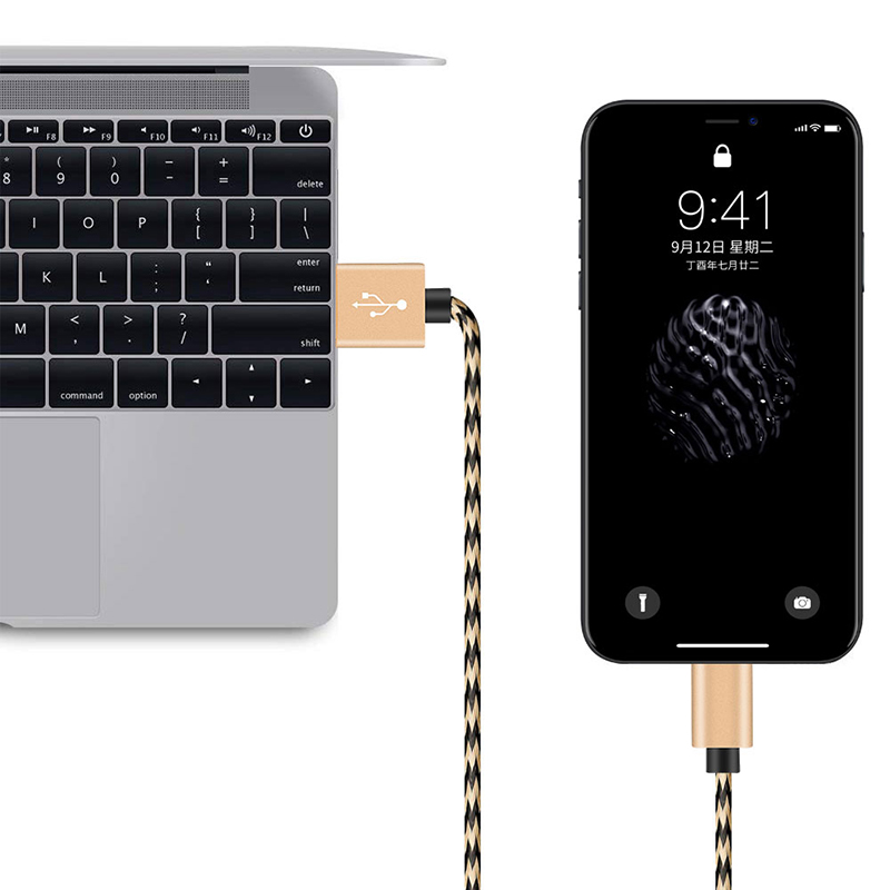 2M Braided 8 pin Cable Slim Woven Data Sync Charge Charging Cord for iPhone iPad - Golden