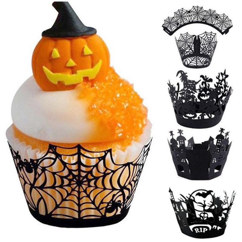 12Pcs/Lot Spiderweb Cupcake Wrappers Laser Cut Bake Cake Paper Cups Trays for Halloween Party Decor - Pattern 1