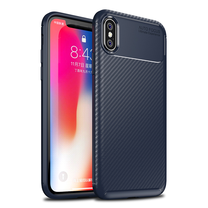 Carbon Fibre Soft TPU Silicone Slim Case Back Cover for iPhone X/XS - Blue