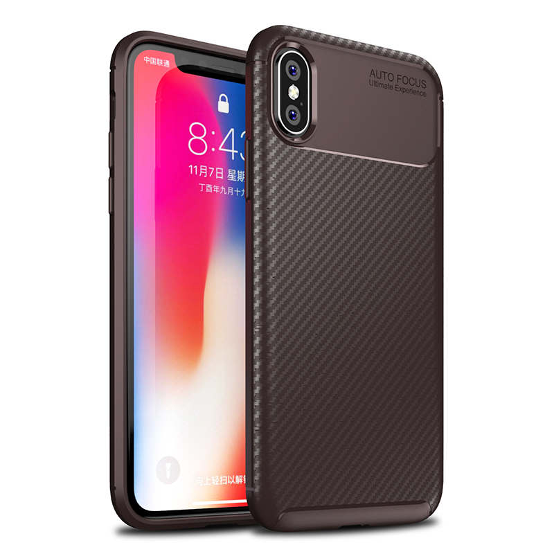 Carbon Fibre Soft TPU Silicone Slim Case Back Cover for iPhone X/XS - Coffee