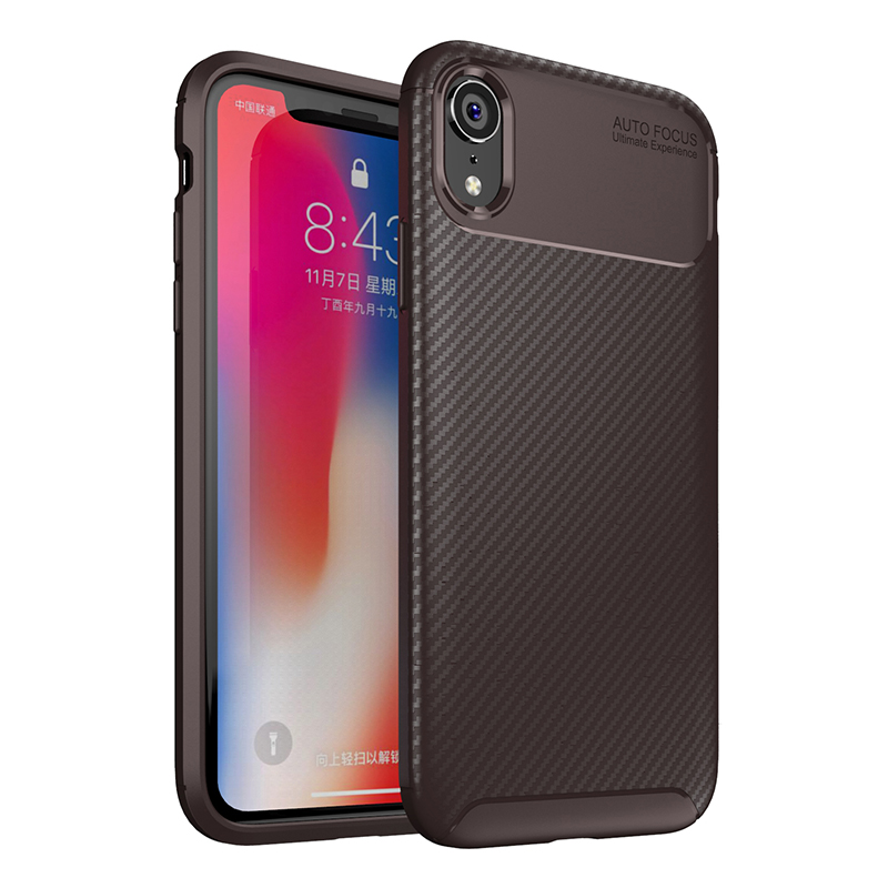 Carbon Fiber Texture Slim Soft Flexible TPU Rubber Shockproof Case Back Cover for iPhone XR - Coffee