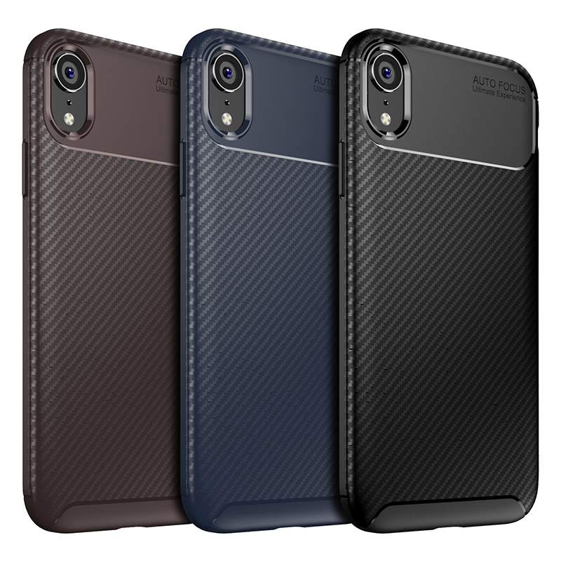 Carbon Fiber Texture Slim Soft Flexible TPU Rubber Shockproof Case Back Cover for iPhone XR - Coffee