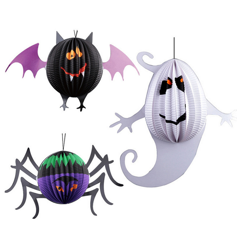 Halloween Pumpkin Ghost Bat Spider Witch Paper Lantern Decorated Props Party Supplies - Ghost
