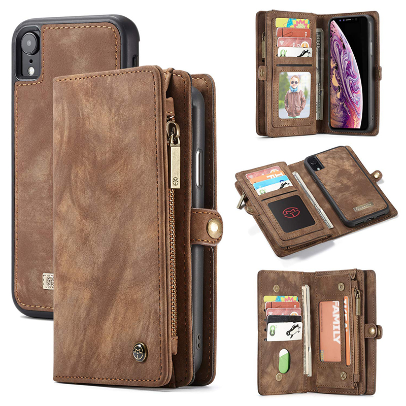 Multifunction PU Leather Wallet Flip Case Cover for iPhone XR - Brown